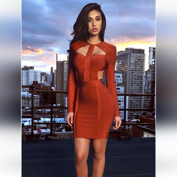Miss Circle Burnt Orange Cut Out Body Contouring Dress, Size Large - Picture 1 of 11